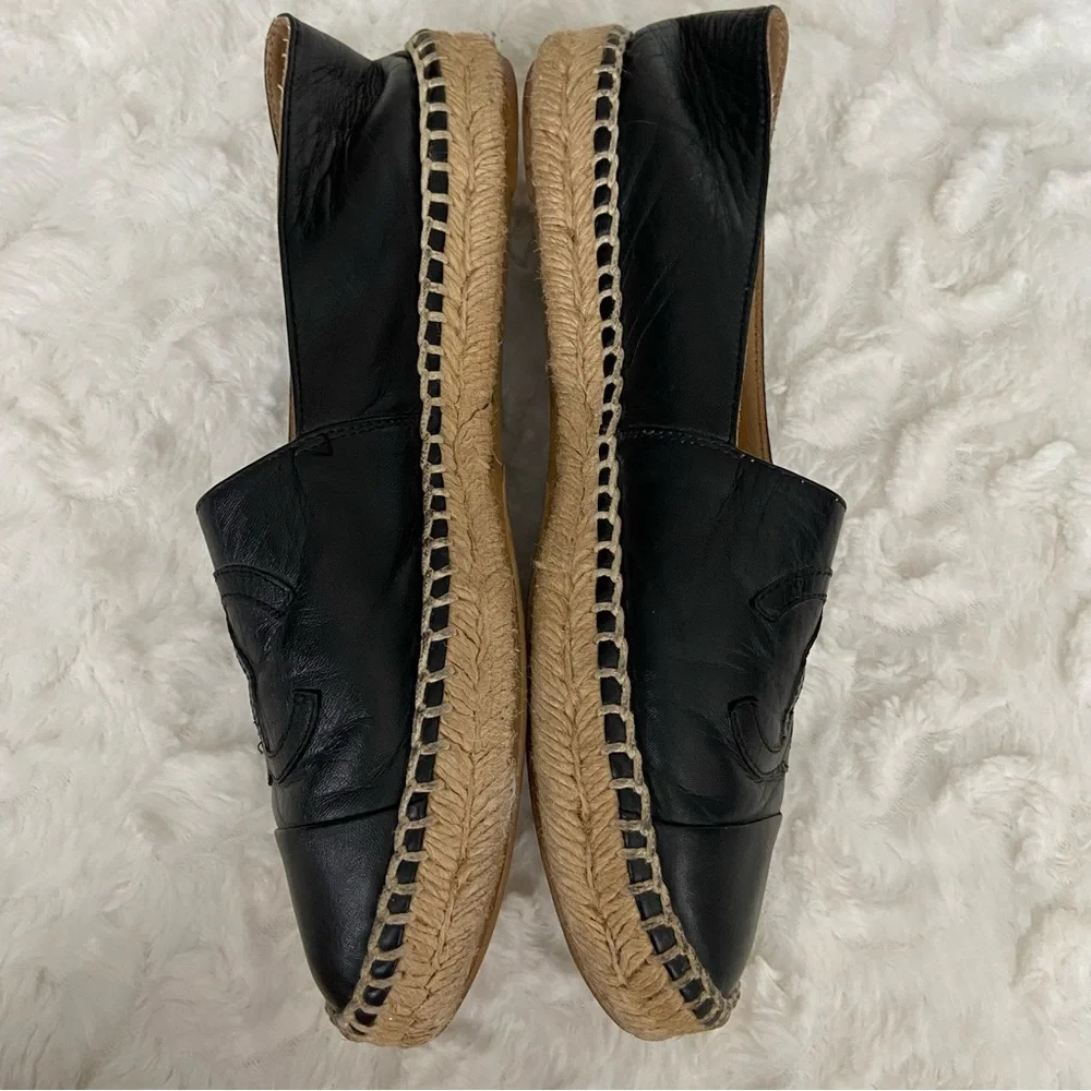 Chanel Black Lambskin Leather Espadrilles Flats Slip on CC Logo